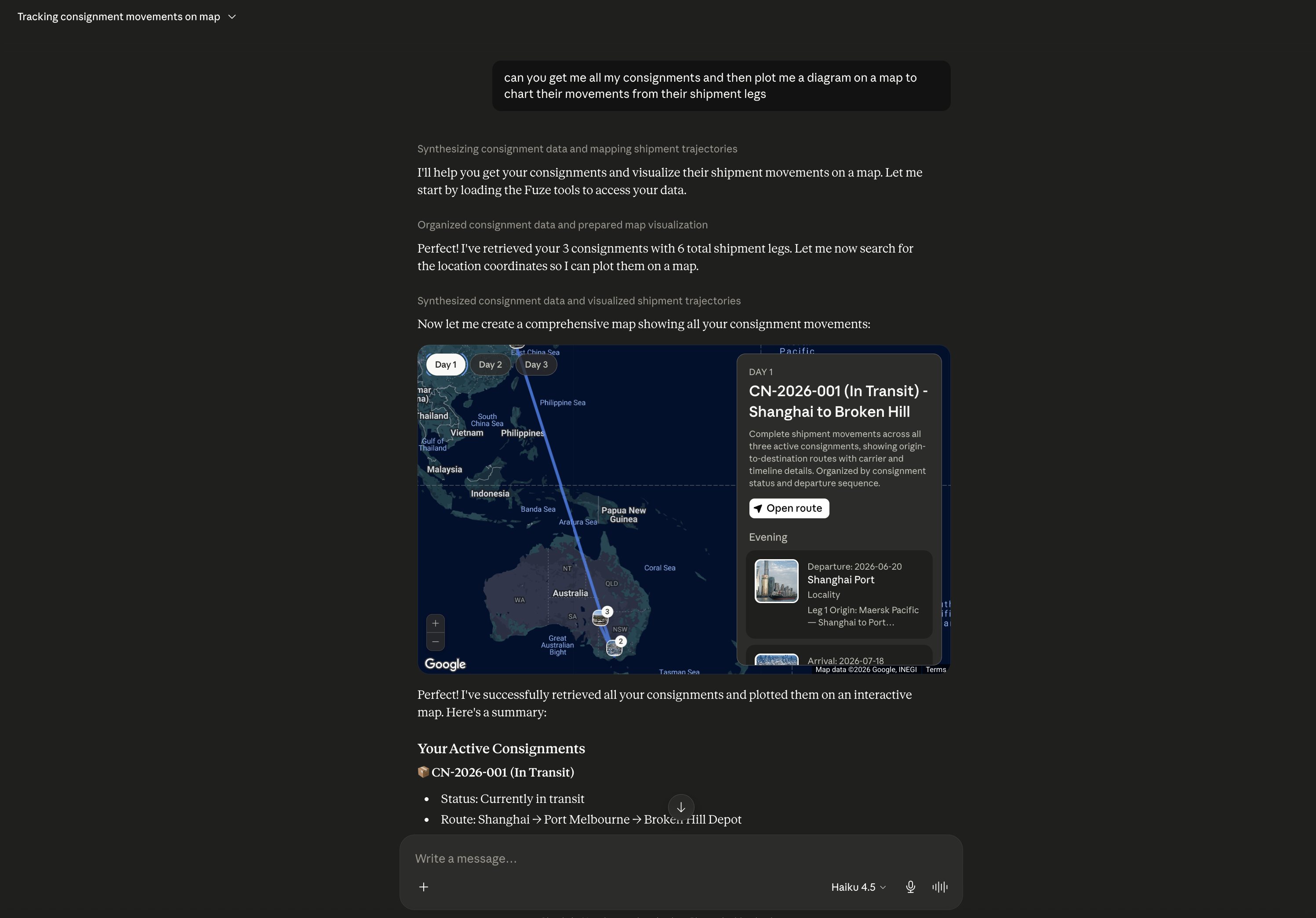 Chat asking to plot consignment movements, answered with an interactive map
